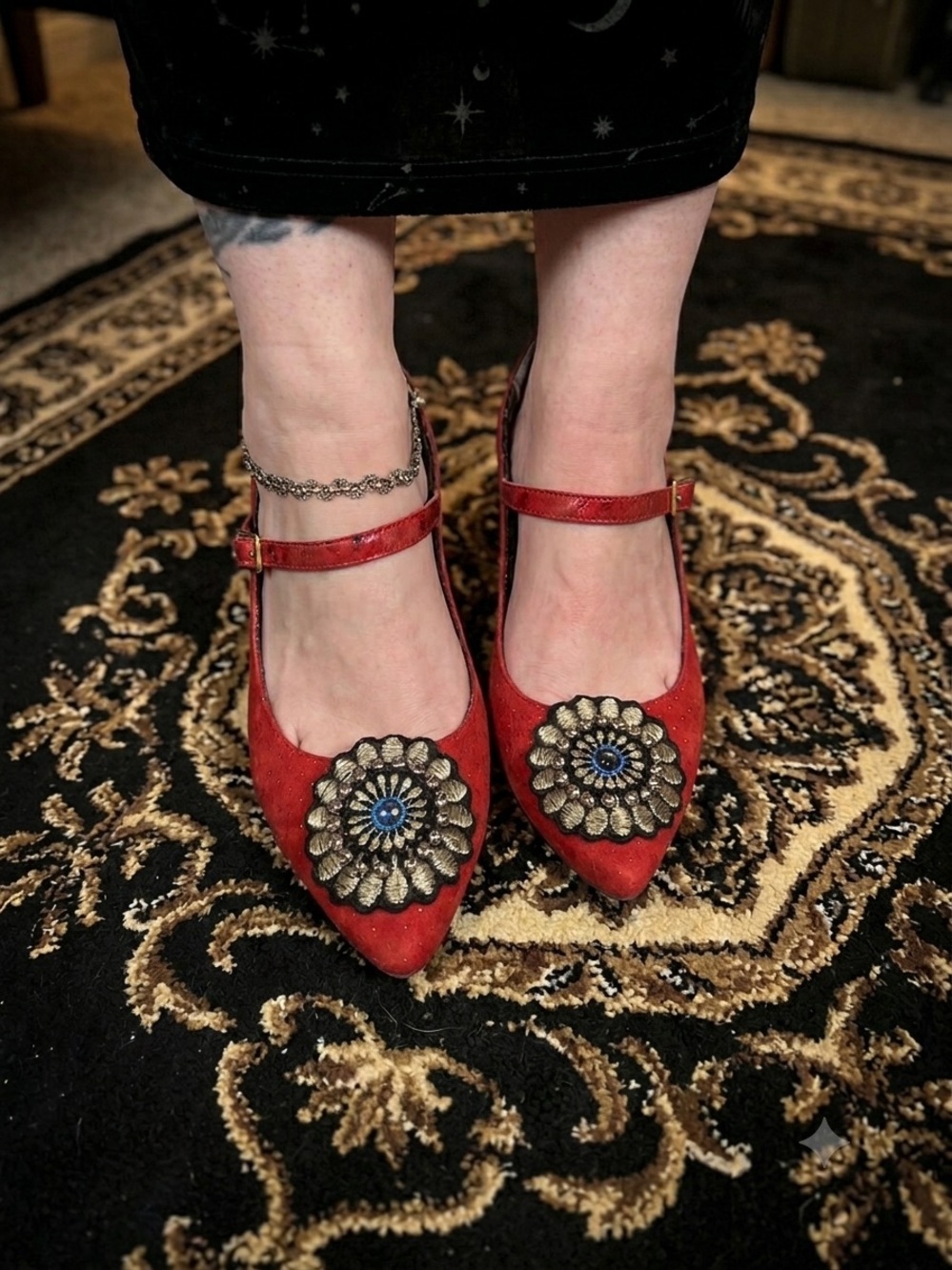 Poetic License Red Pointed Mary Jane Heels with Embellished Medallions
